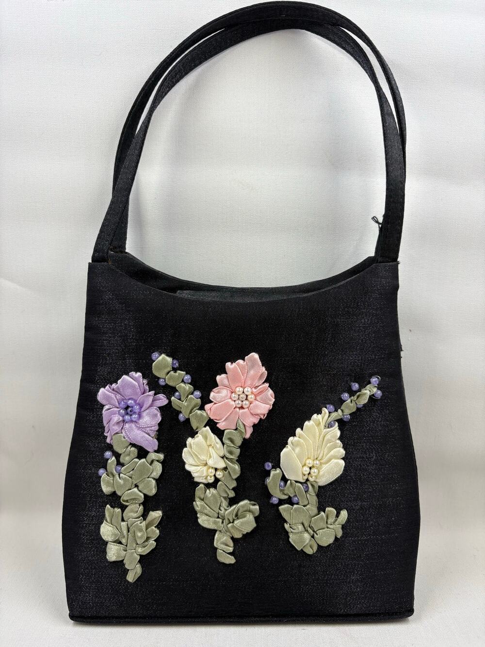 Vtg Black Stain with Embroidered Floral Design